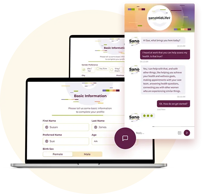 A mockup of the sanoMidLife platform and Sano virtual AI assistant with a background image