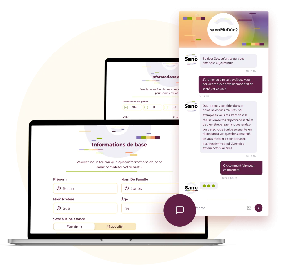 A mockup of the sanoMidLife platform and Sano virtual AI assistant with a background image